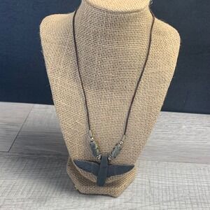 Hand Carved Wood Bird Pendant Necklace Green Stone Beads Brown Cord 18 Inch